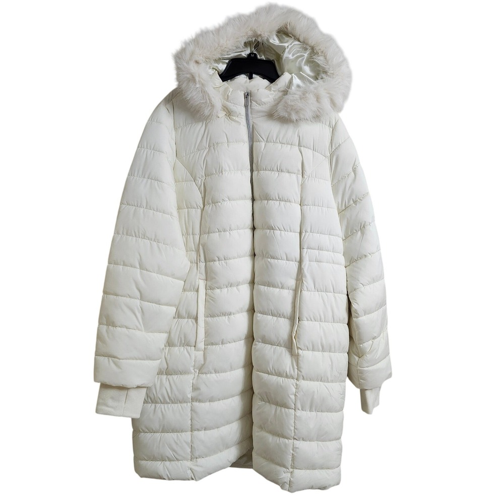 New Susan Graver 1X Women's Ivory Water Resistant Quilted Puffer Coat Hooded